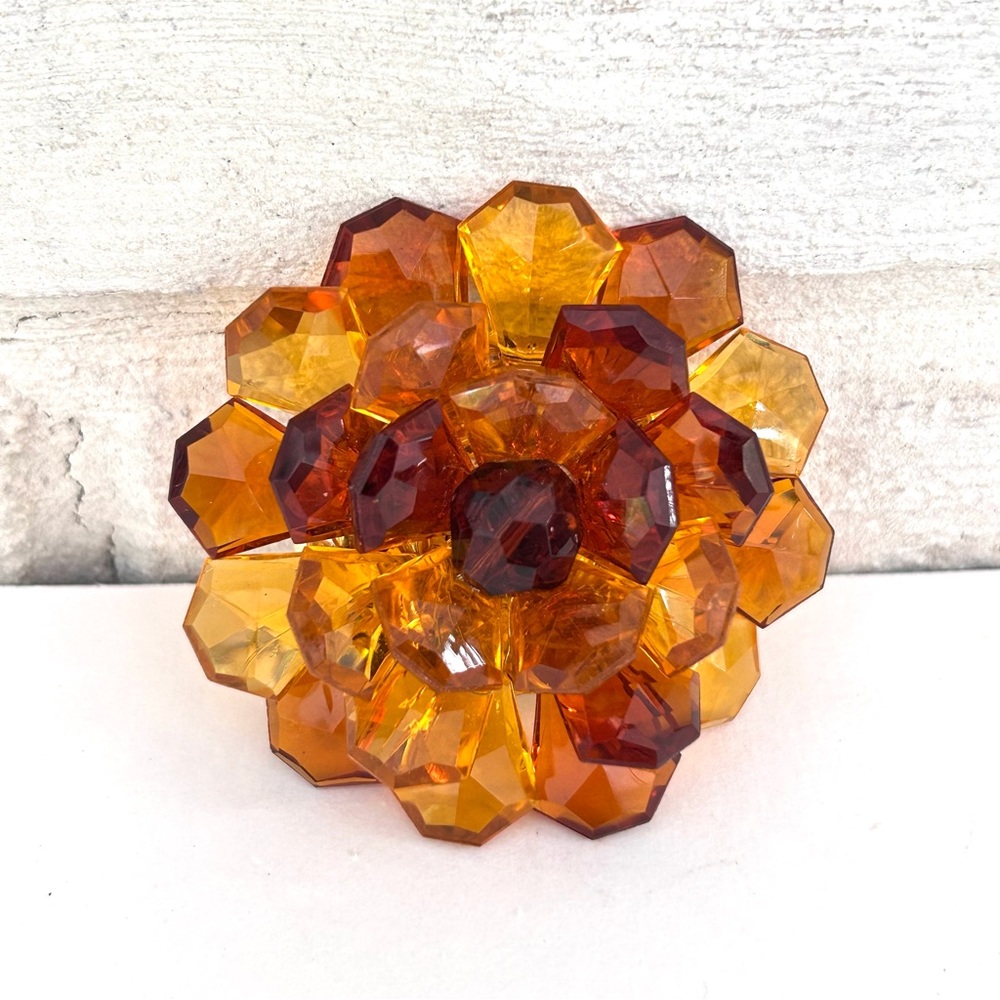 Vintage Artisan Flower Amber Lucite Brooch